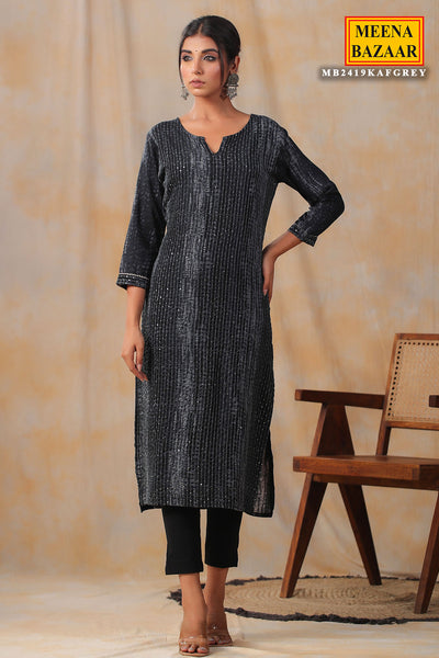 Grey Rayon Printed Kurti with Thread and Sequins Embroidery