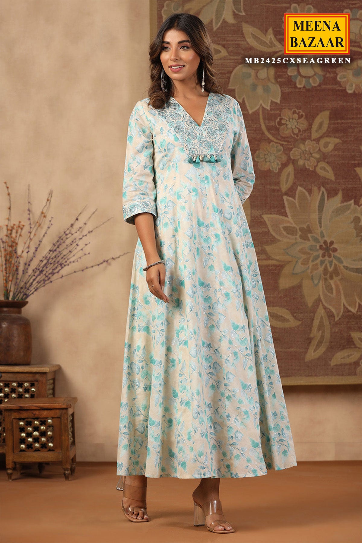 Sea Green Cotton Floral Kurti with Embroidered Neck