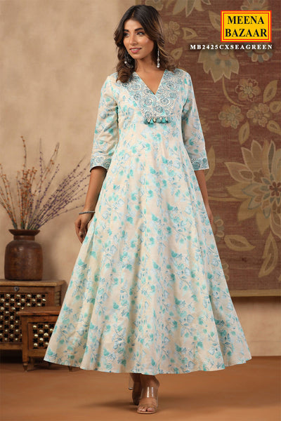 Sea Green Cotton Floral Kurti with Embroidered Neck
