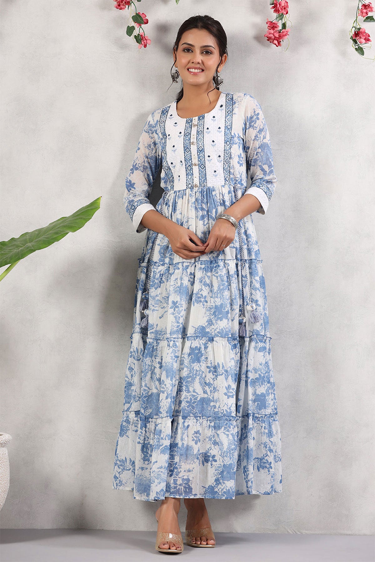 Blue Cotton Thread Embroidered Anarkali Kurti