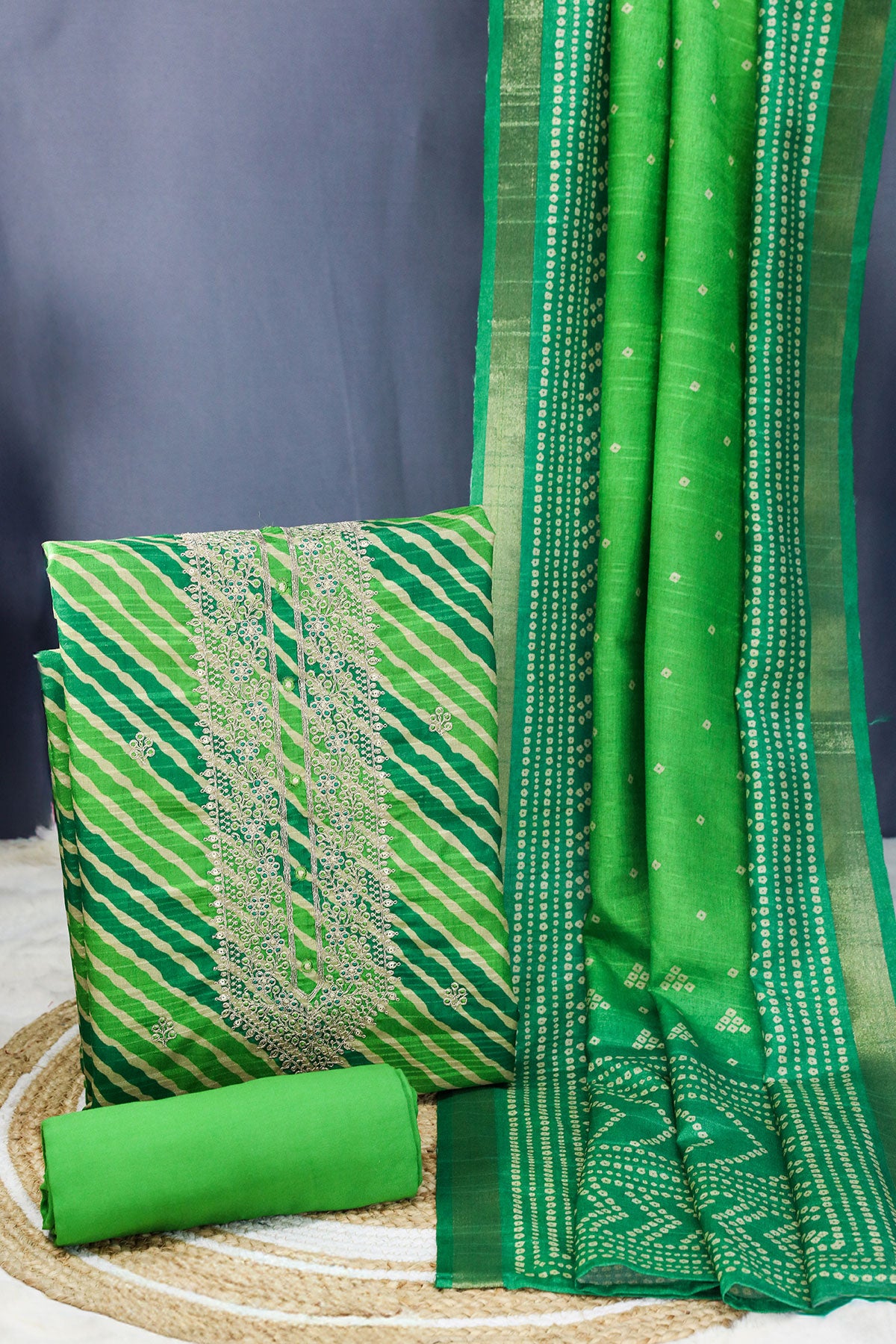 Green Silk Printed With Zari Embroidery Unstitched Suit Set