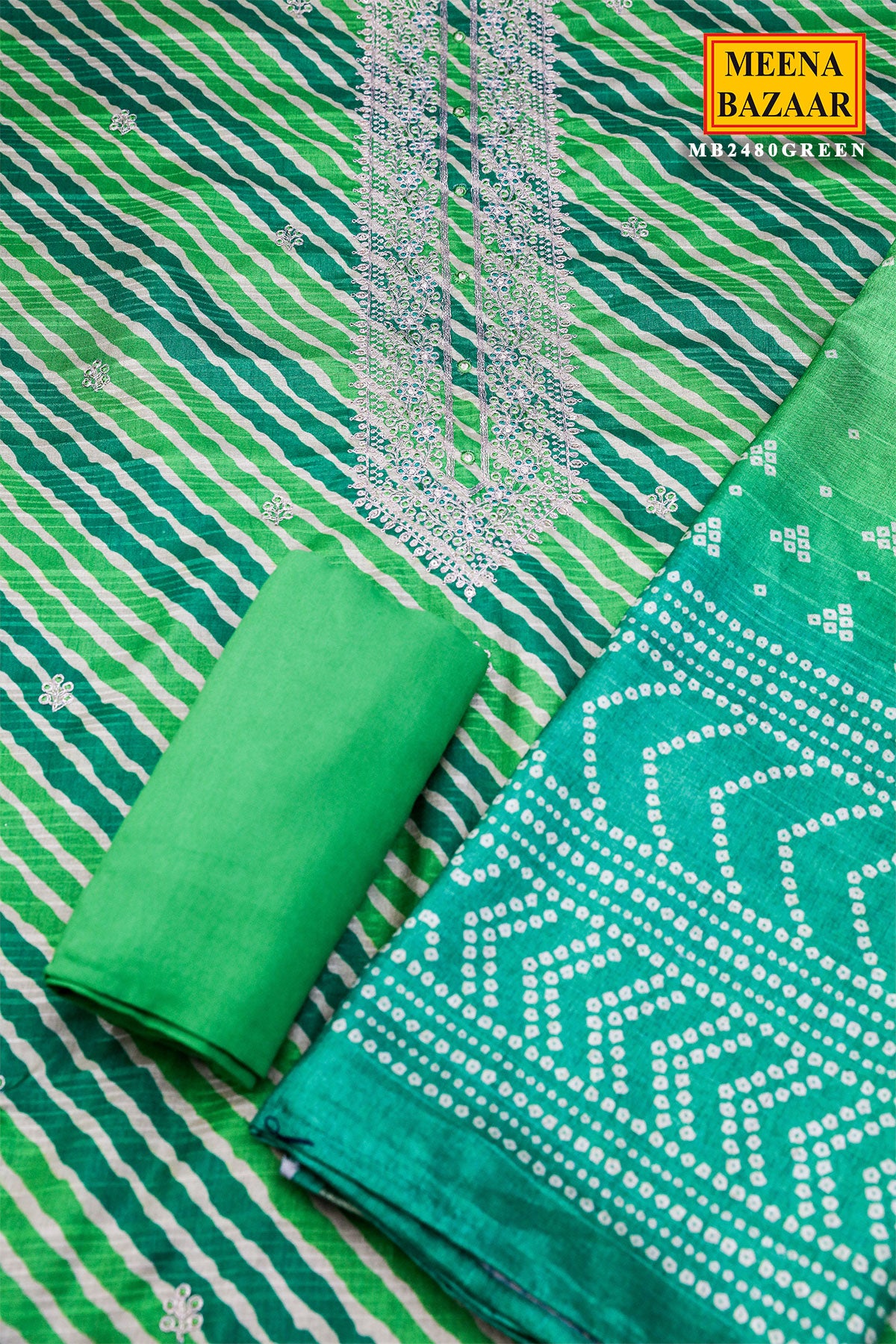 Green Silk Printed With Zari Embroidery Unstitched Suit Set