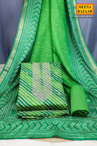 Green Silk Printed With Zari Embroidery Unstitched Suit Set