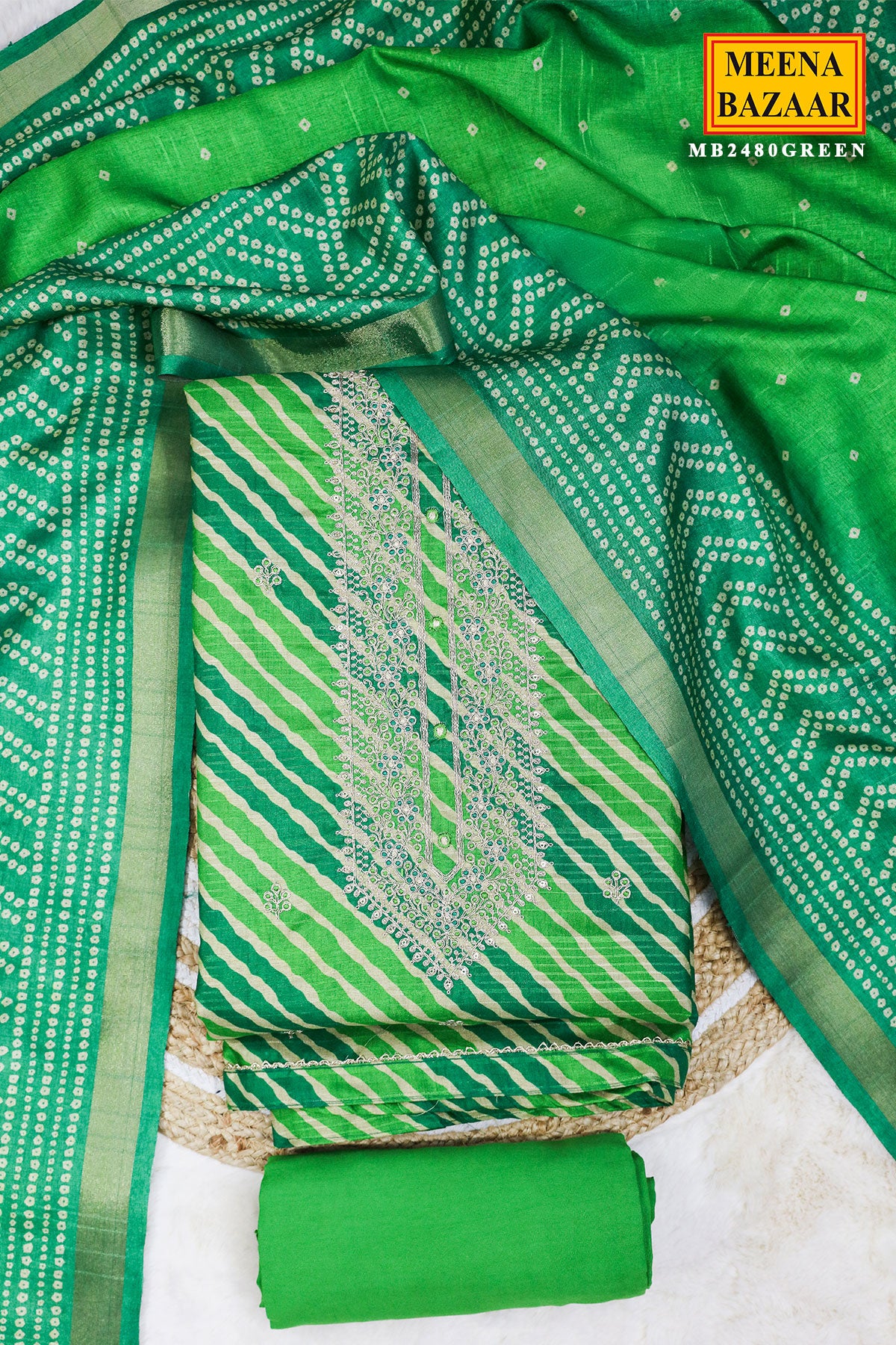 Green Silk Printed With Zari Embroidery Unstitched Suit Set