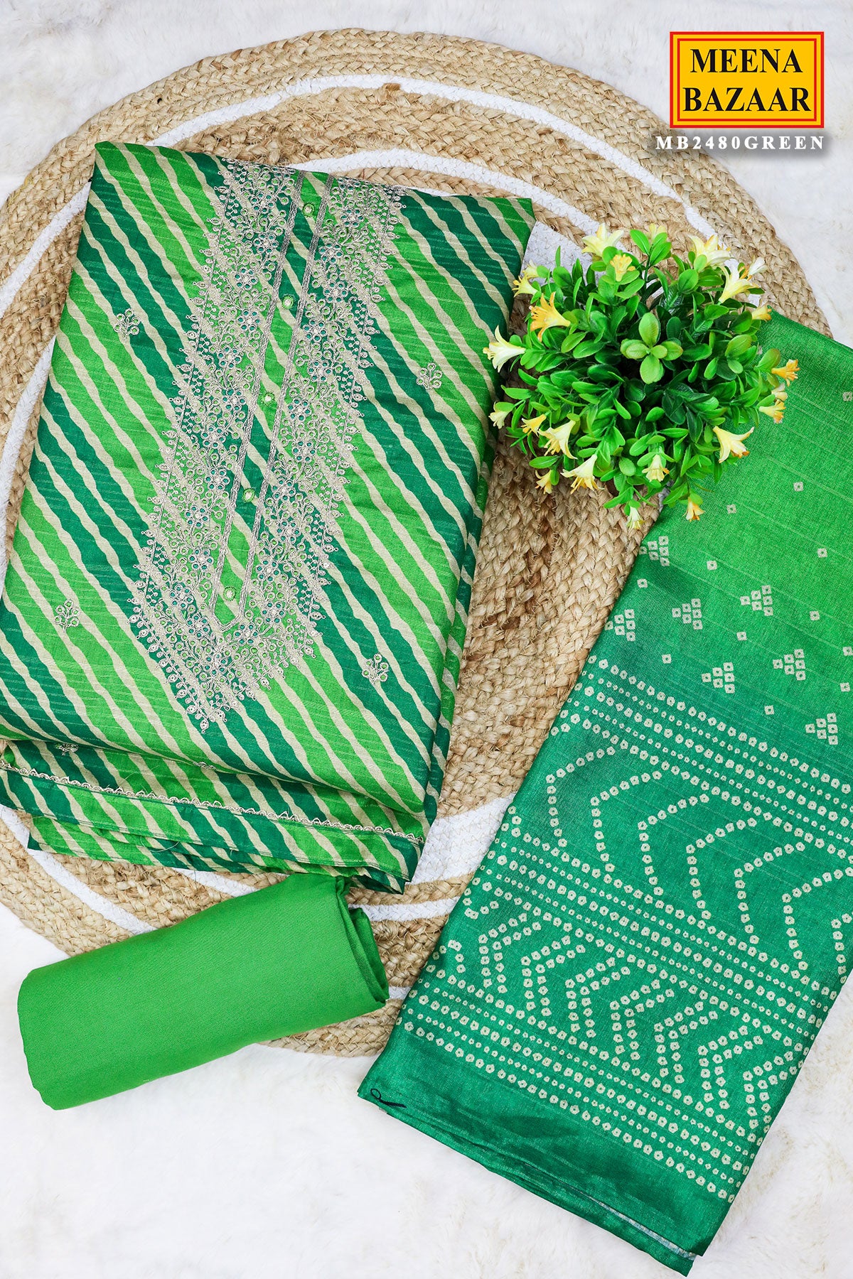 Green Silk Printed With Zari Embroidery Unstitched Suit Set