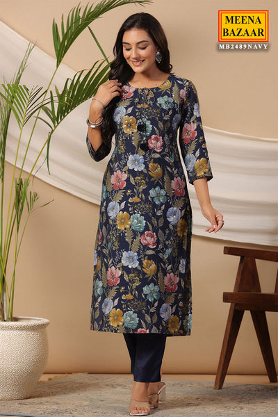 Navy Muslin Printed Sequins Embroidered Kurti With Pants