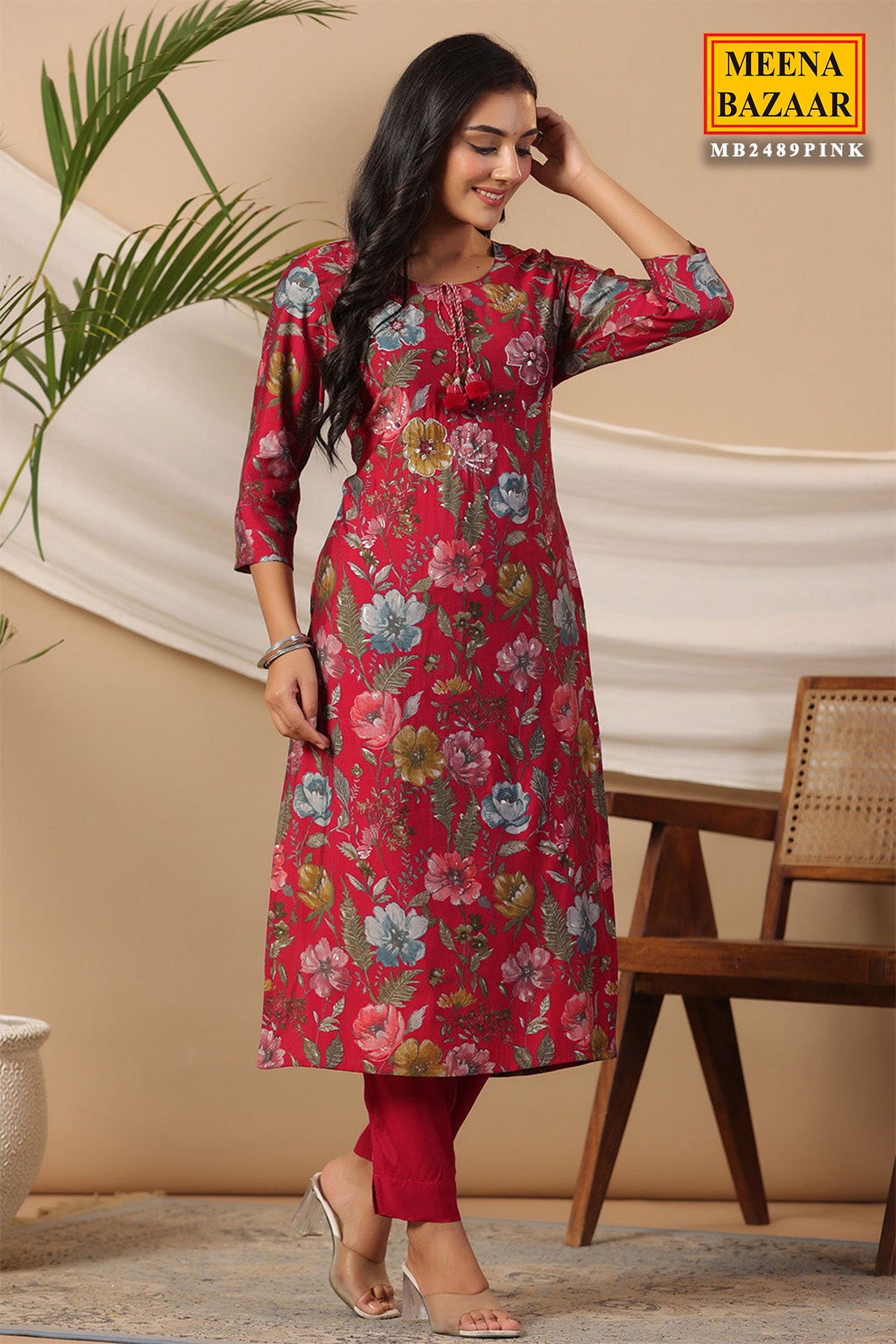 Pink Muslin Printed Sequins Embroidered Kurti With Pants