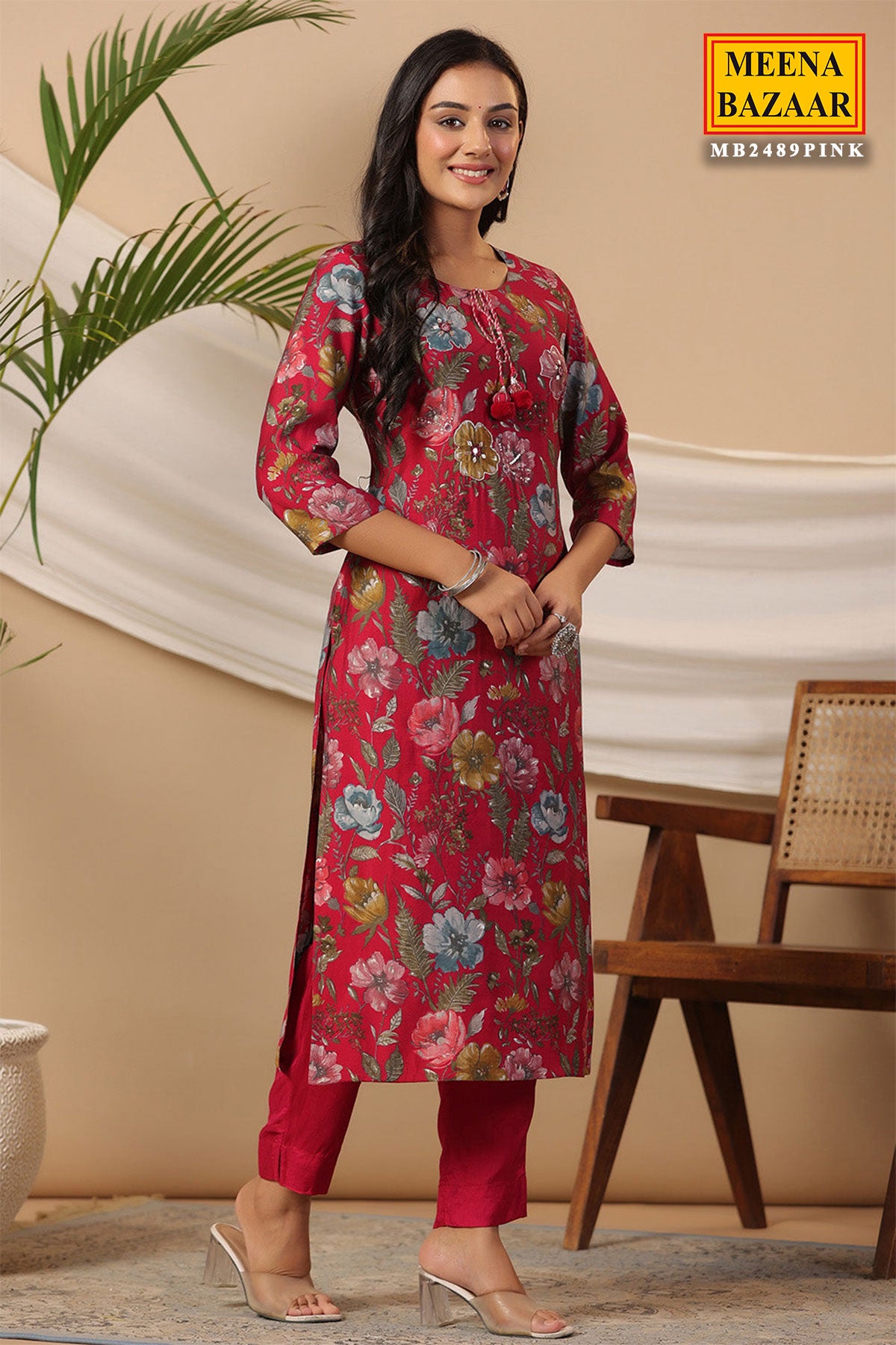 Pink Muslin Printed Sequins Embroidered Kurti With Pants