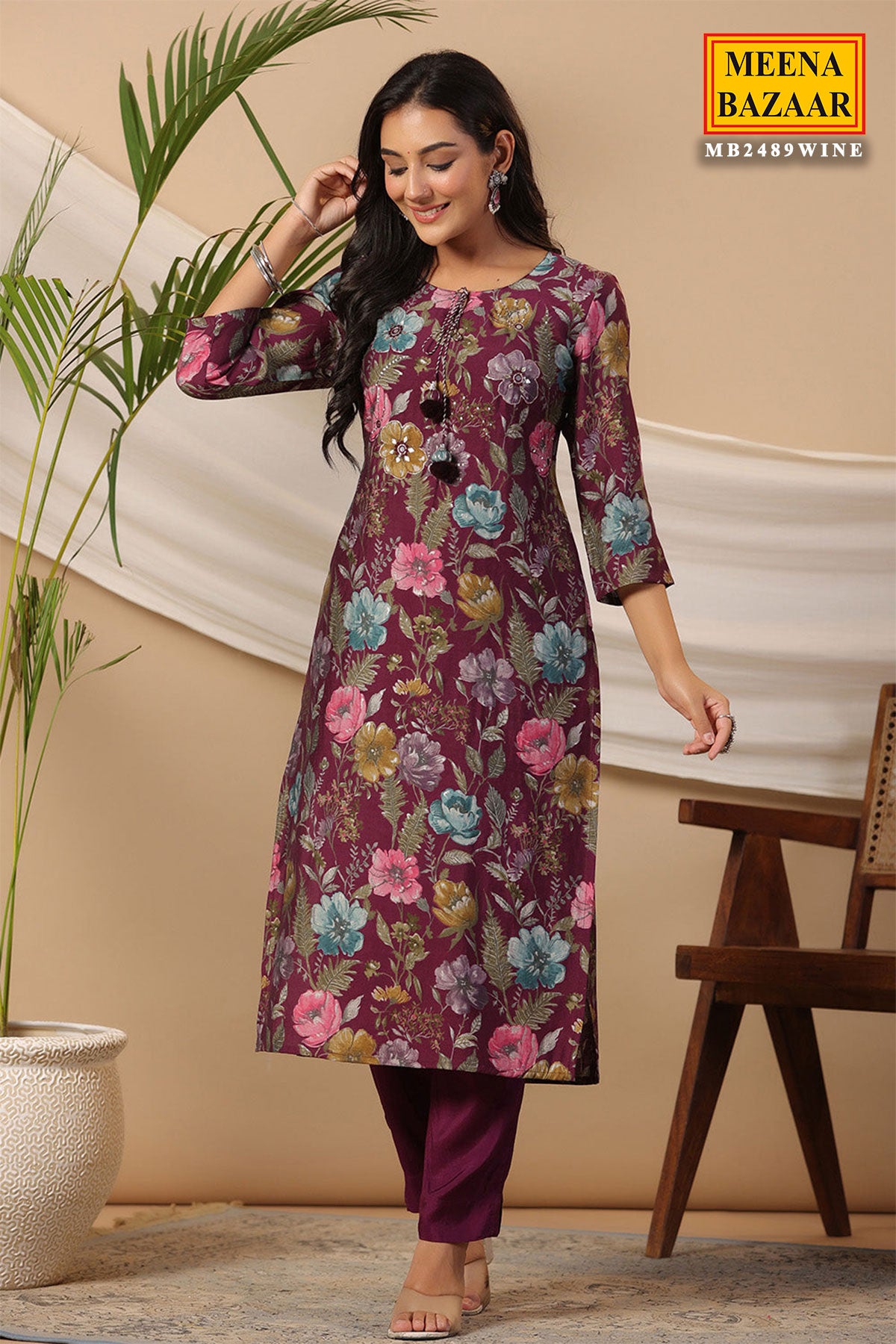 Wine Muslin Printed Sequins Embroidered Kurti With Pants