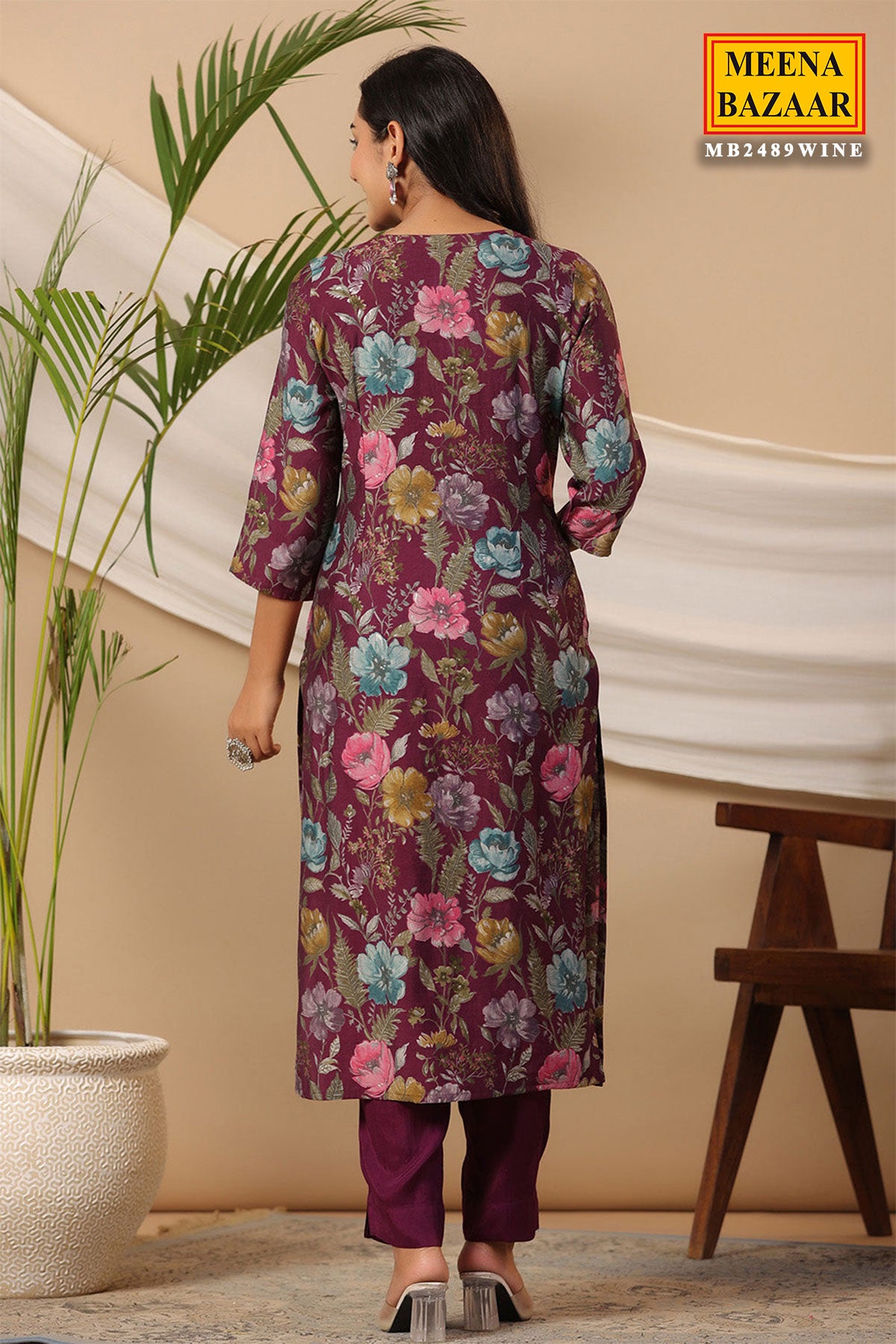 Wine Muslin Printed Sequins Embroidered Kurti With Pants