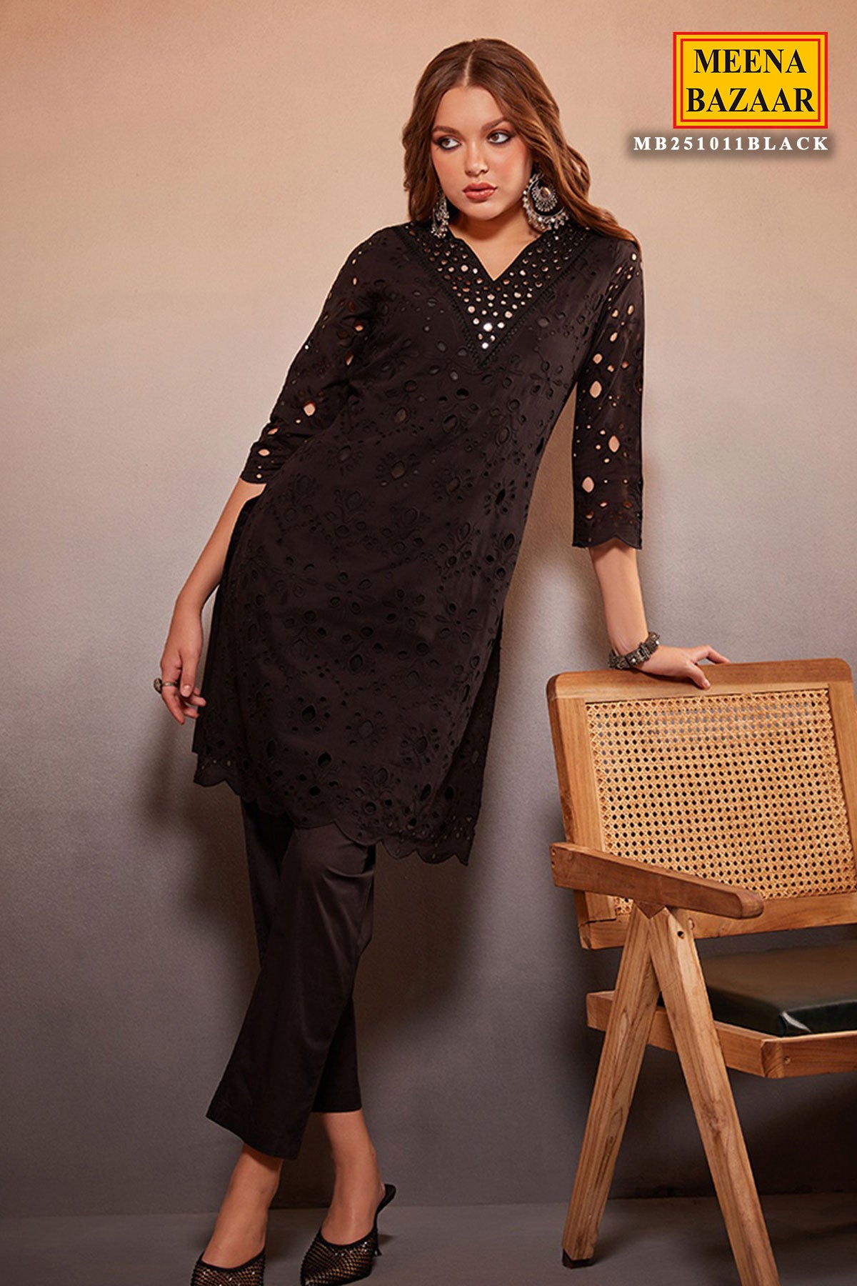 Black Cotton Mirror Embroidered Kurta And Pant Set