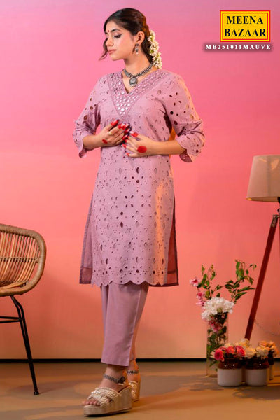 Mauve Cotton Mirror Embroidered Kurta And Pant Set