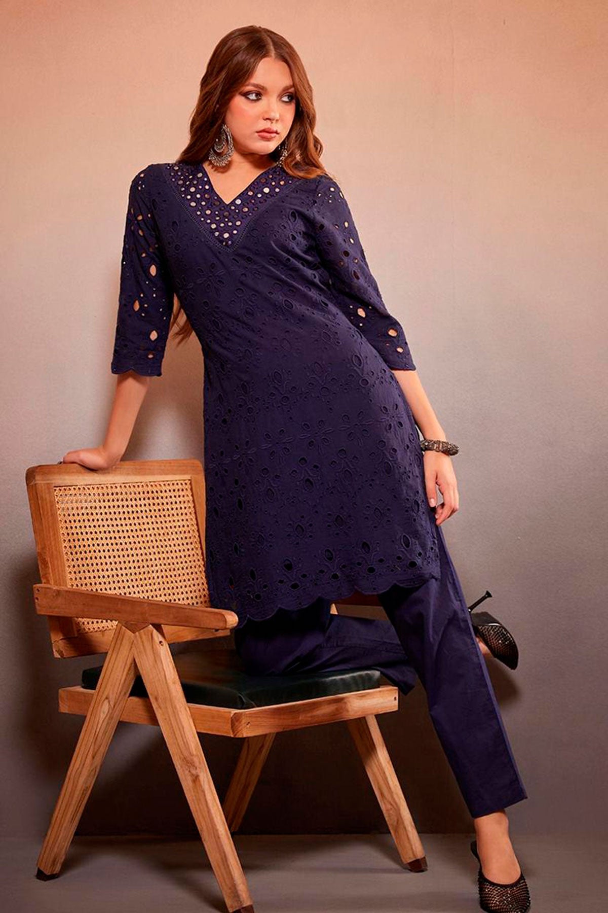 Navy Cotton Mirror Embroidered Kurta And Pant Set