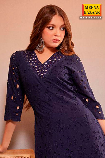 Navy Cotton Mirror Embroidered Kurta And Pant Set