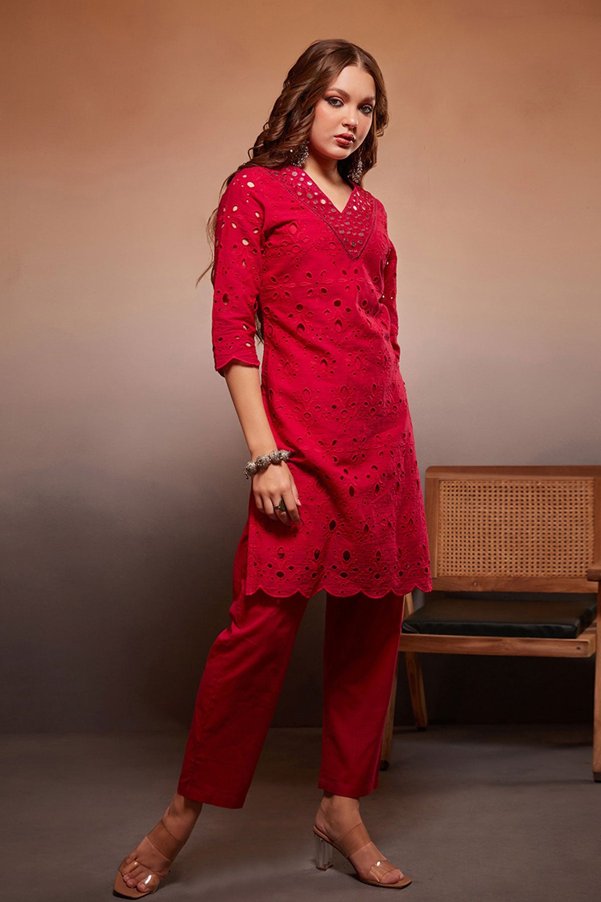 Rani Cotton Mirror Embroidered Kurta And Pant Set