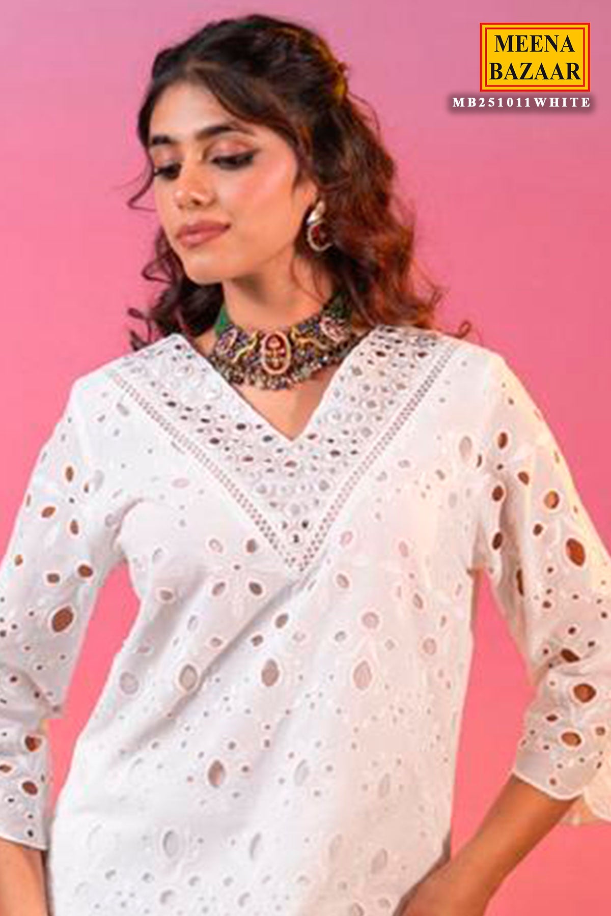 White Cotton Mirror Embroidered Kurta And Pant Set