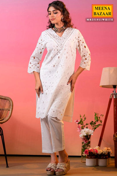 White Cotton Mirror Embroidered Kurta And Pant Set