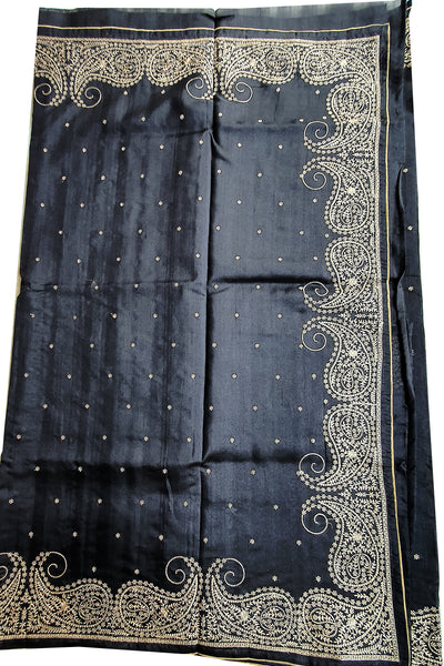 Black Tussar Silk Threadwork Embroidered Saree