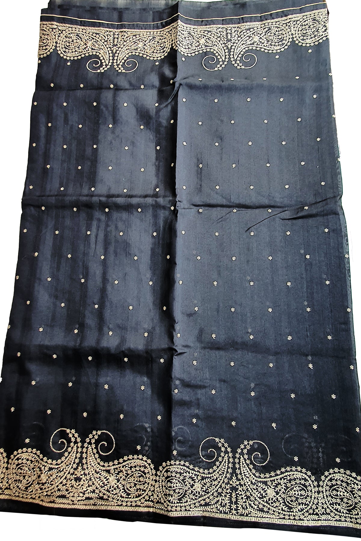 Black Tussar Silk Threadwork Embroidered Saree