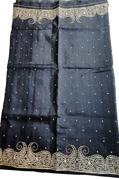 Black Tussar Silk Threadwork Embroidered Saree