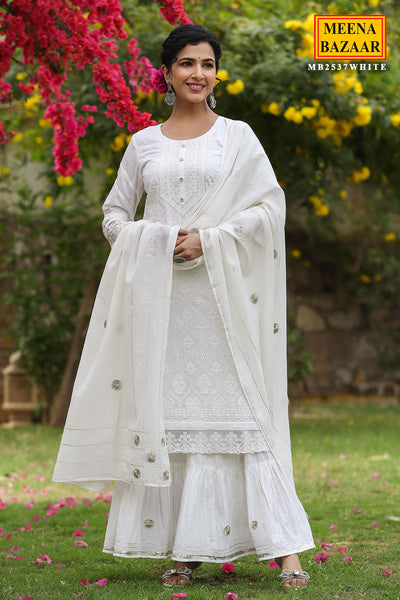 White Cotton Embroidered Gharara Suit With Dupatta