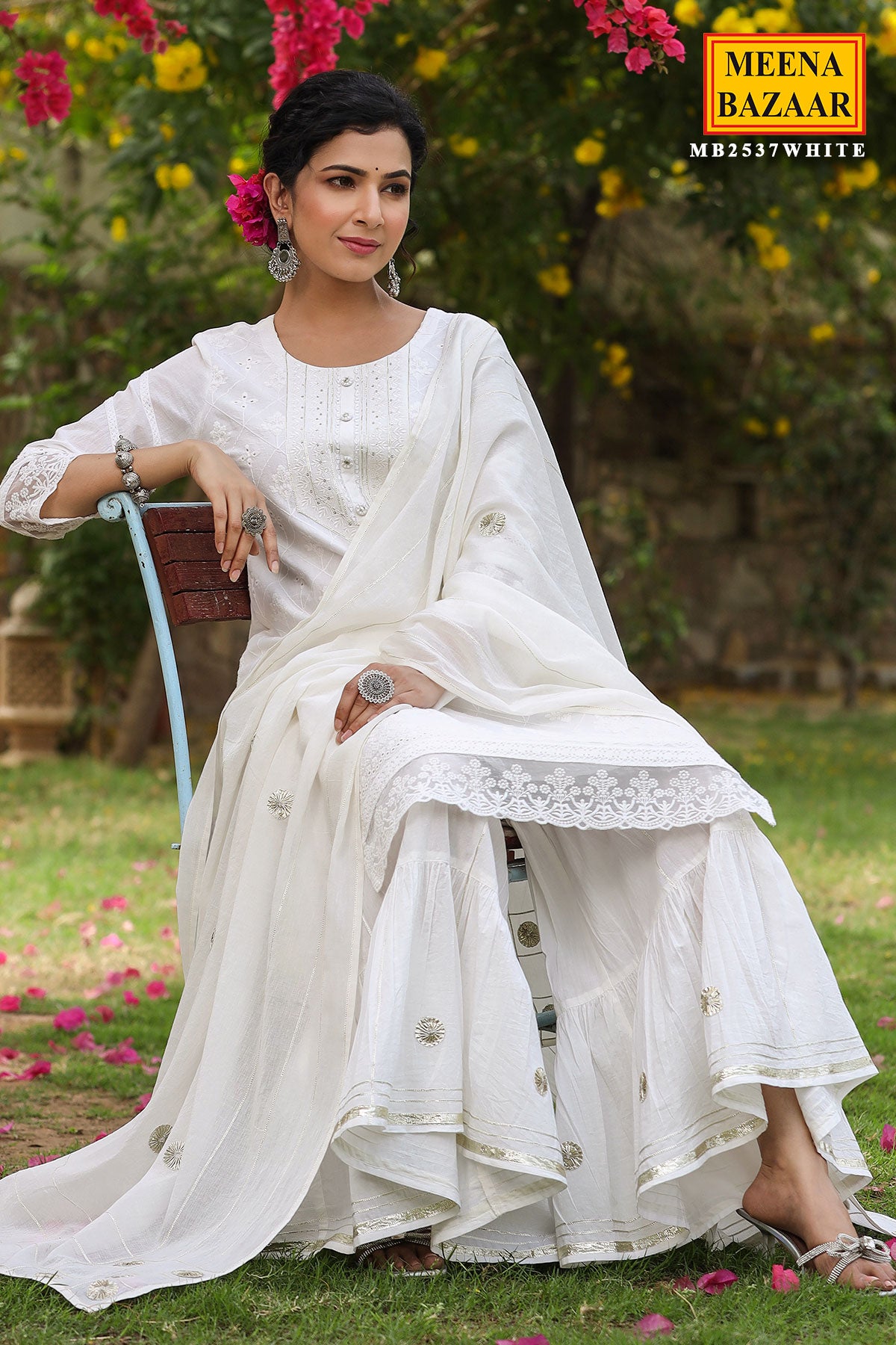 White Cotton Embroidered Gharara Suit With Dupatta