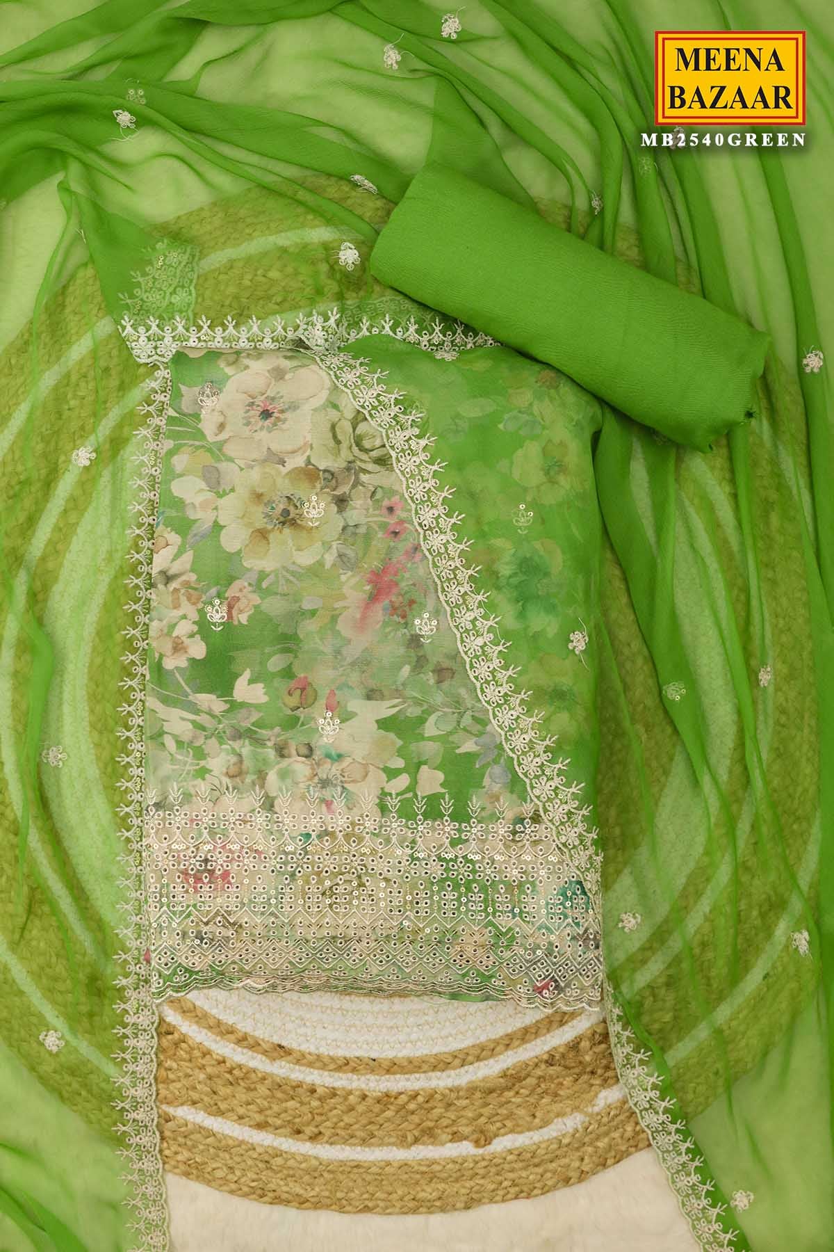 Green Muslin Thread Embroidered Floral Printed Suit