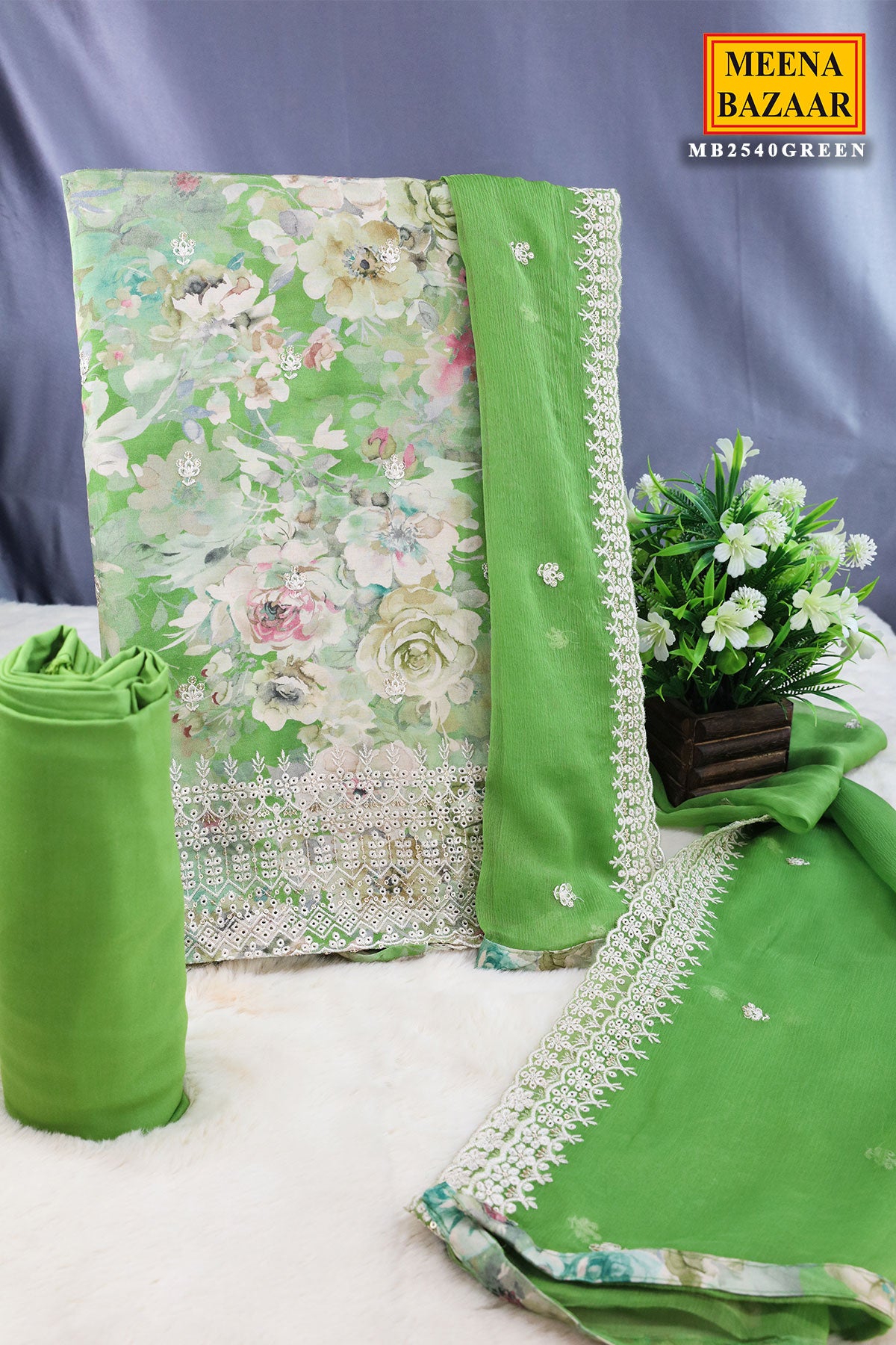 Light Green Muslin Thread Embroidered Floral Printed Suit