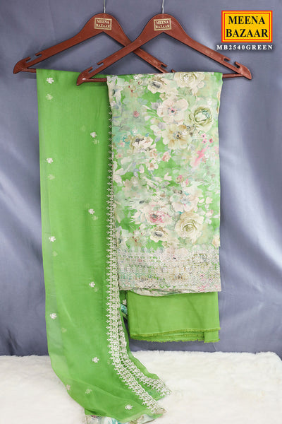 Light Green Muslin Thread Embroidered Floral Printed Suit