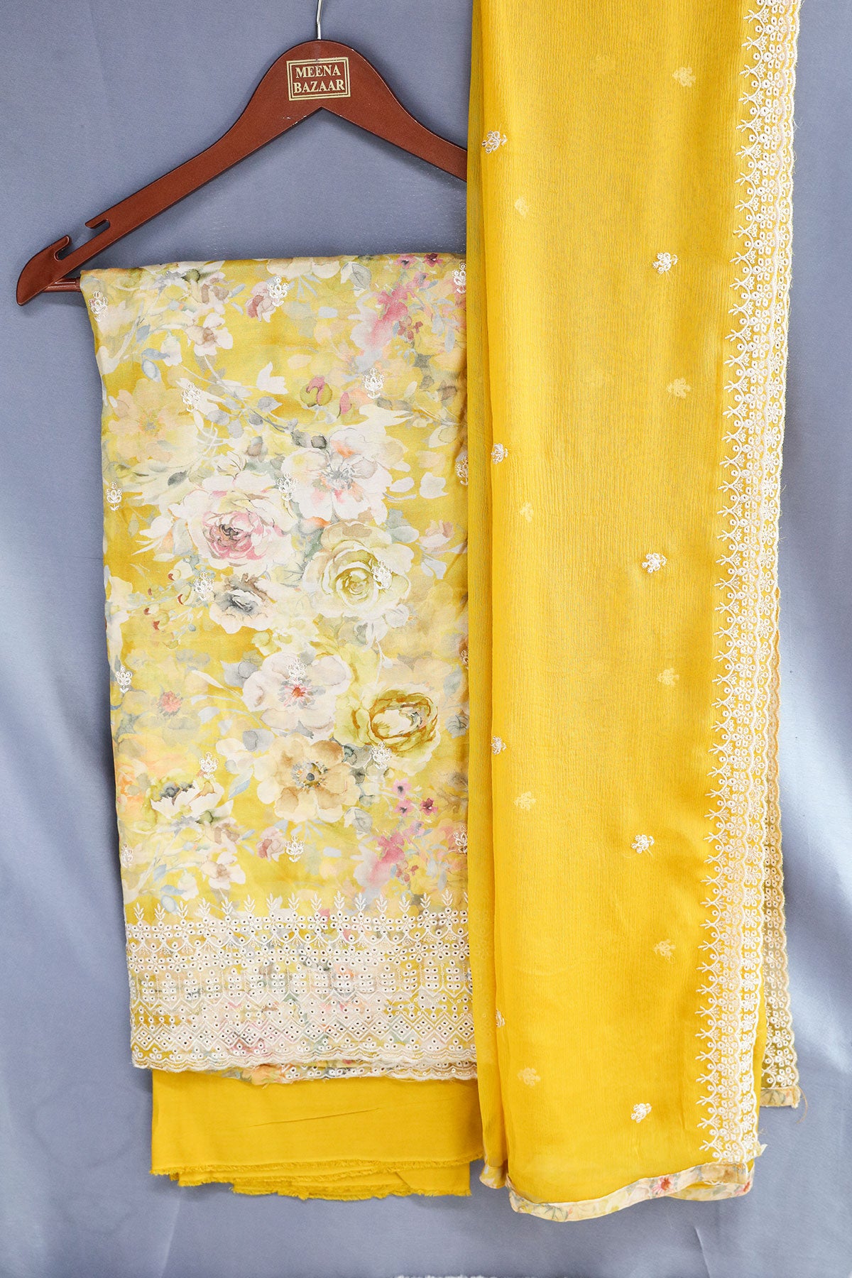 Mustard Muslin Thread Embroidered Floral Printed Suit