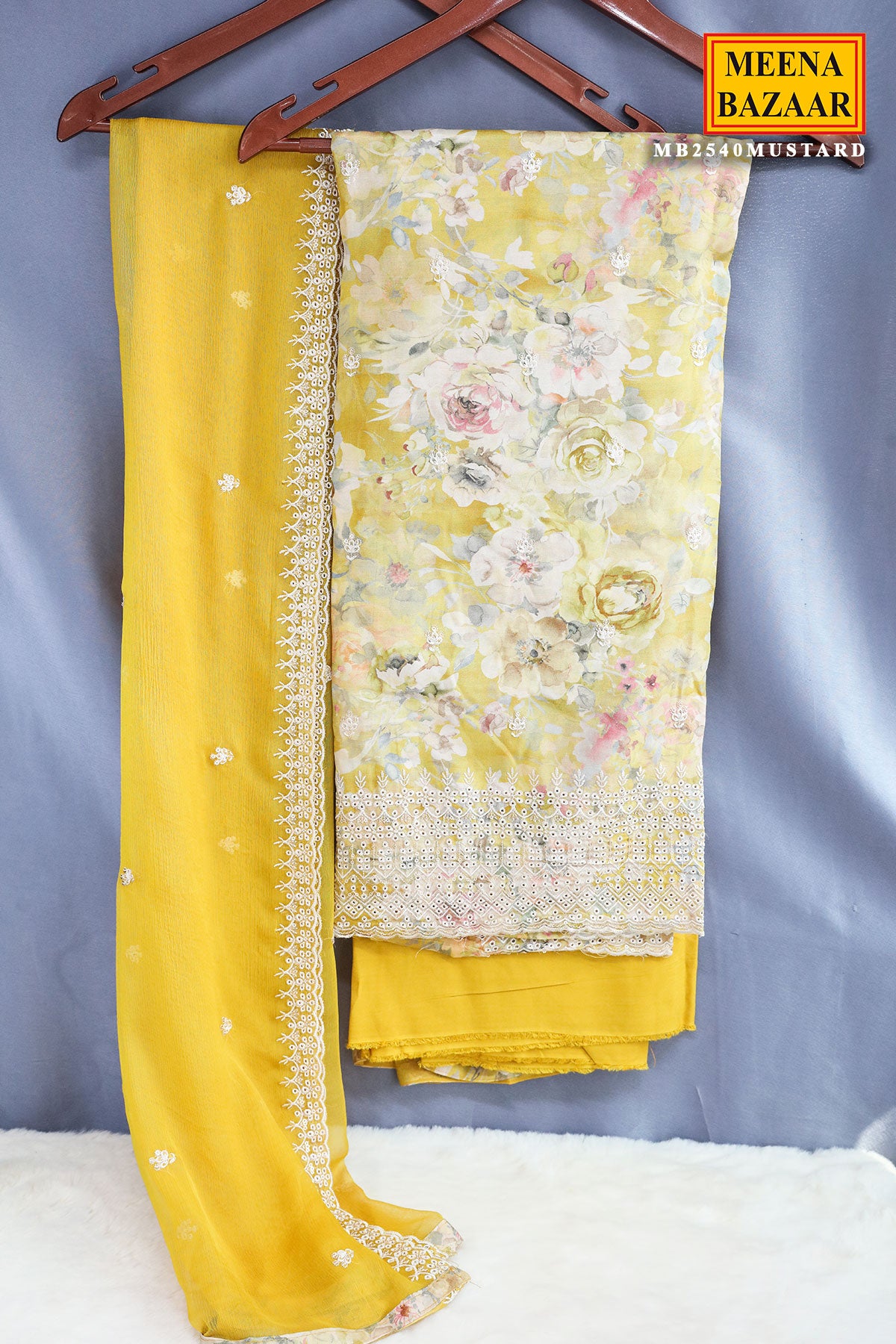 Mustard Muslin Thread Embroidered Floral Printed Suit