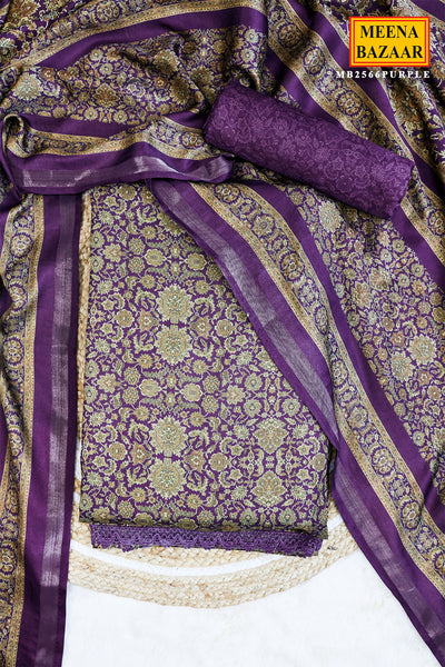 Purple Spun Floral Printed Unstitched Suit Set