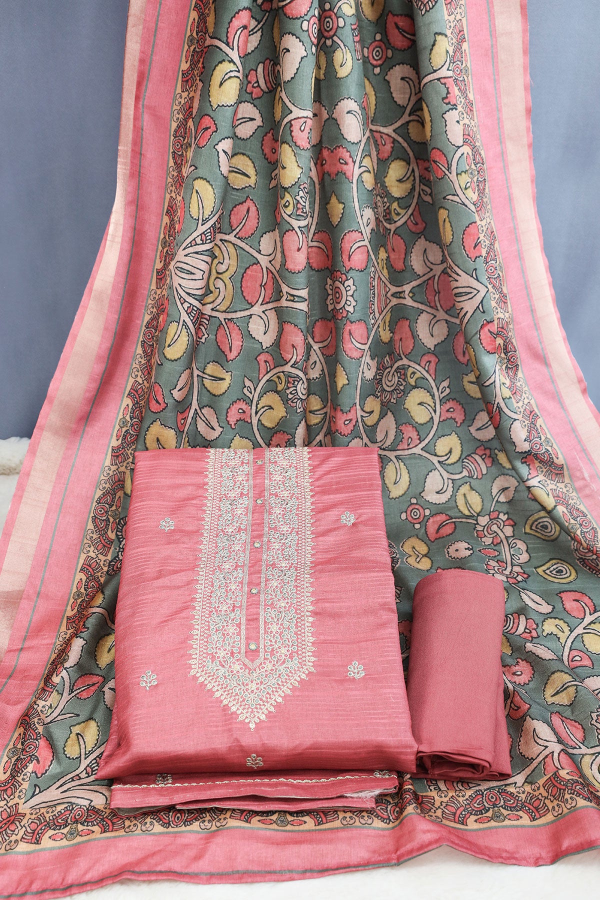 Gajari Silk Sequins and Zari Embroidered Suit Set with Printed Dupatta