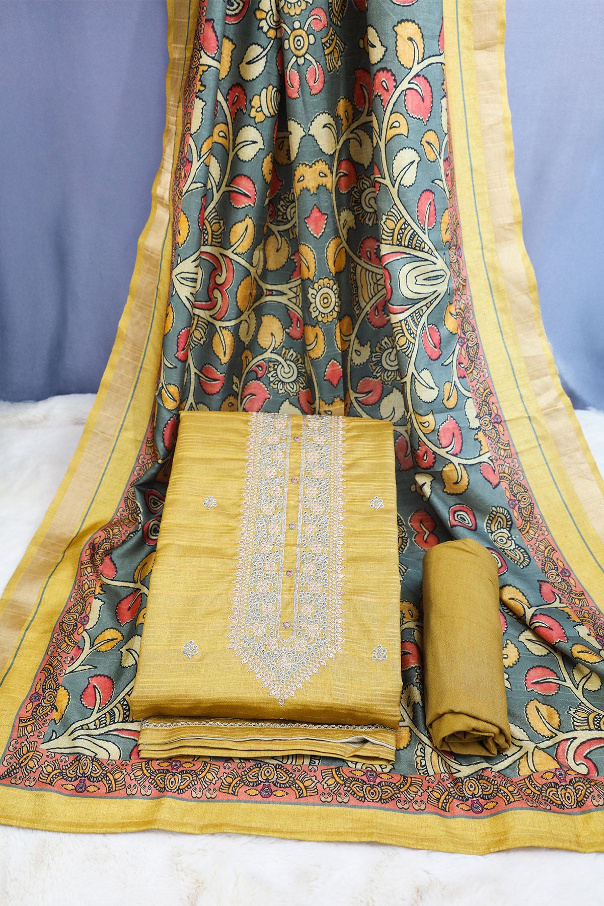 Mustard Silk Sequins and Zari Embroidered Suit Set with Printed Dupatta