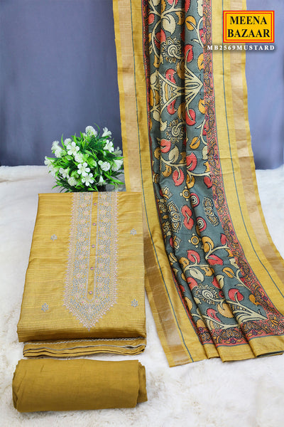 Mustard Silk Sequins and Zari Embroidered Suit Set with Printed Dupatta