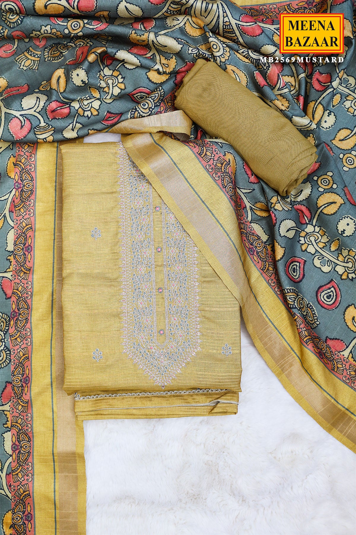 Mustard Silk Sequins and Zari Embroidered Suit Set with Printed Dupatta