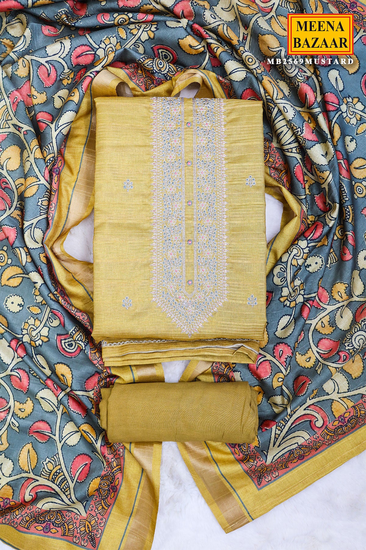 Mustard Silk Sequins and Zari Embroidered Suit Set with Printed Dupatta