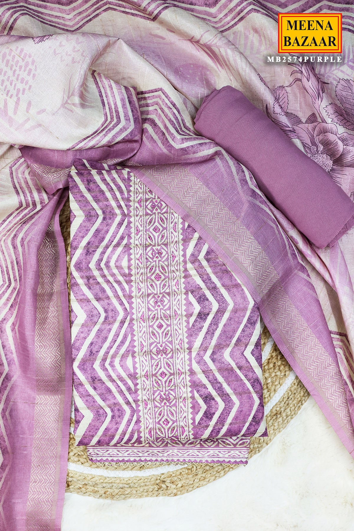 Mauve Striped Printed Unsticthed Silk Blend Suit Set