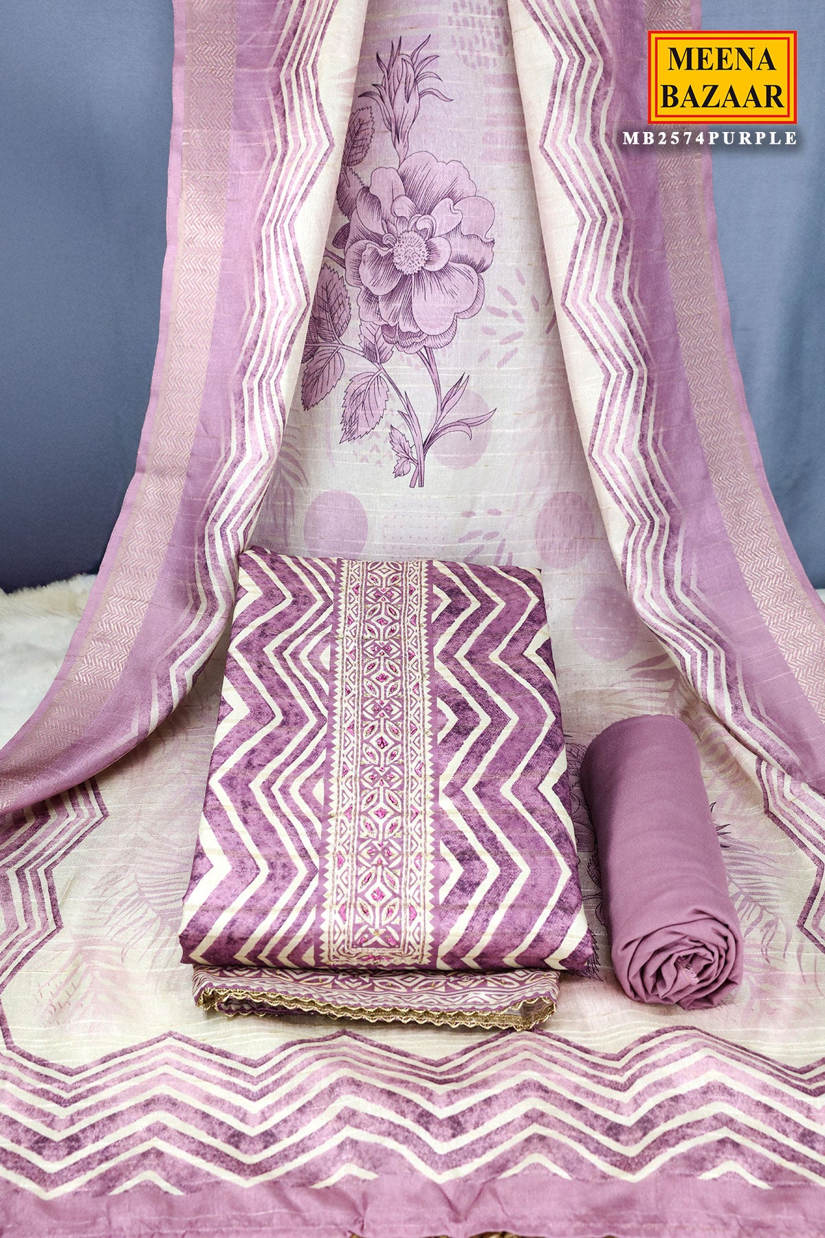 Mauve Striped Printed Unsticthed Silk Blend Suit Set