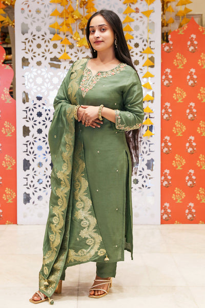 Mehandi Silk Suit With Embroidered Neckline