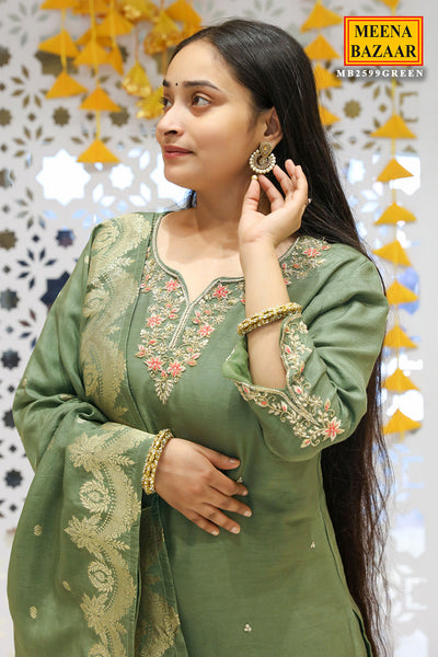 Mehandi Silk Suit With Embroidered Neckline