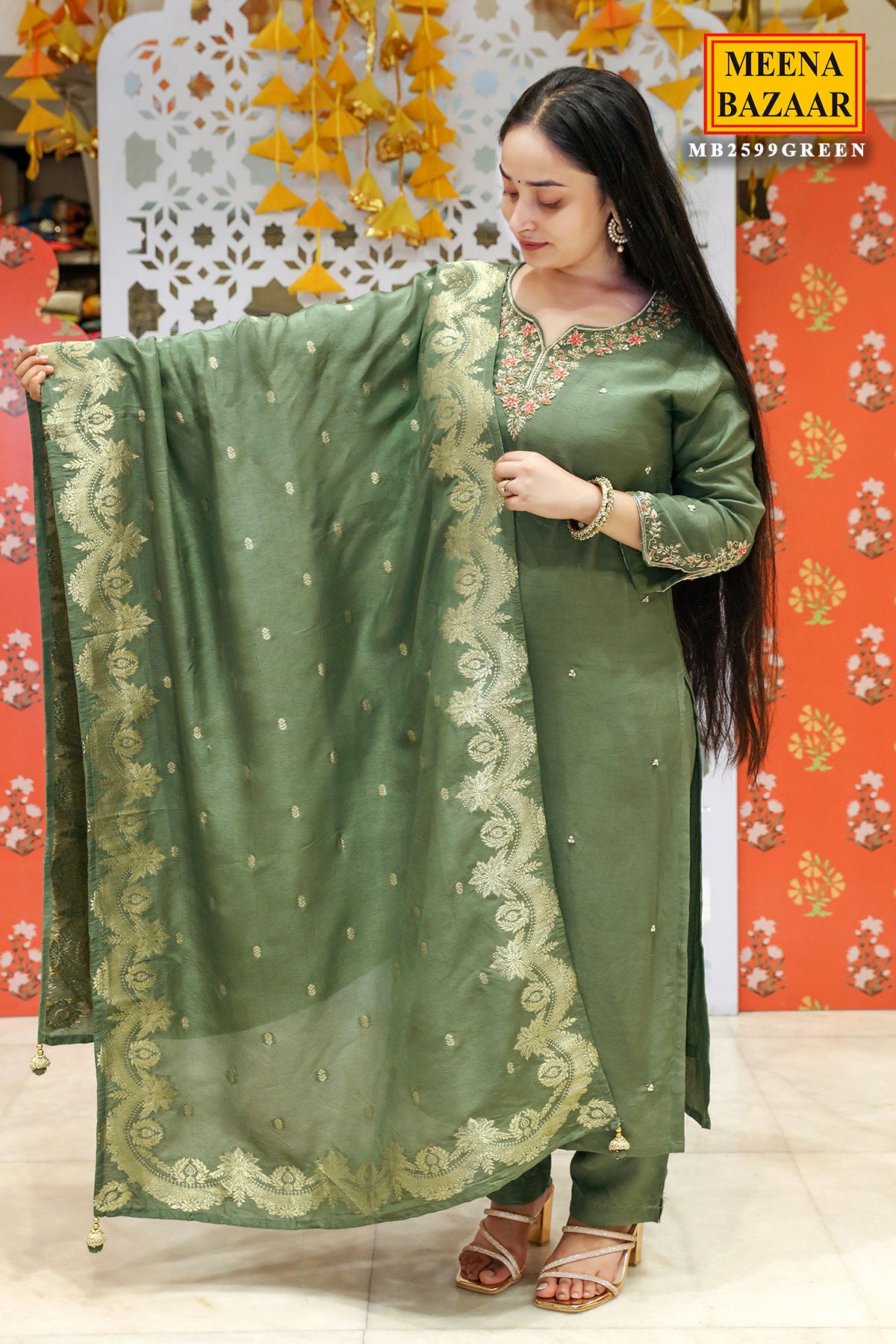 Mehandi Silk Suit With Embroidered Neckline