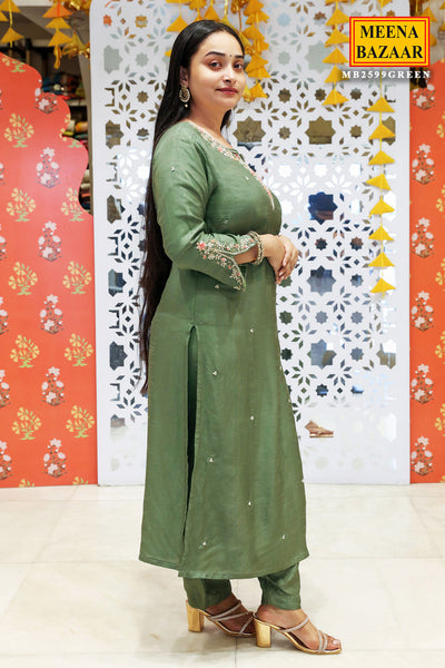 Mehandi Silk Suit With Embroidered Neckline