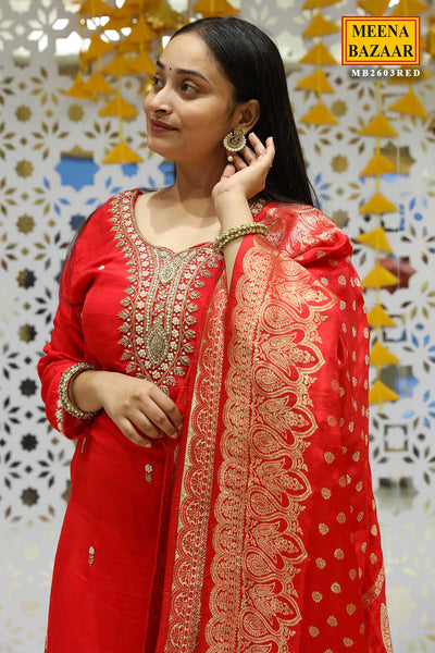 Red Silk Cut-dana & Pearl Embroidered Suit Set