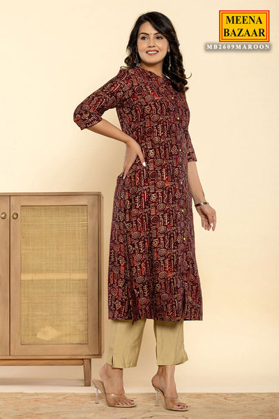 Maroon Muslin Printed Kurti