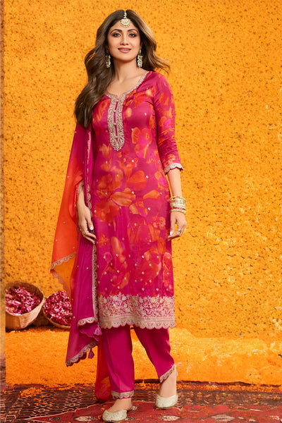 Rani Pink Silk Suit Set With Zari Embroidery Work