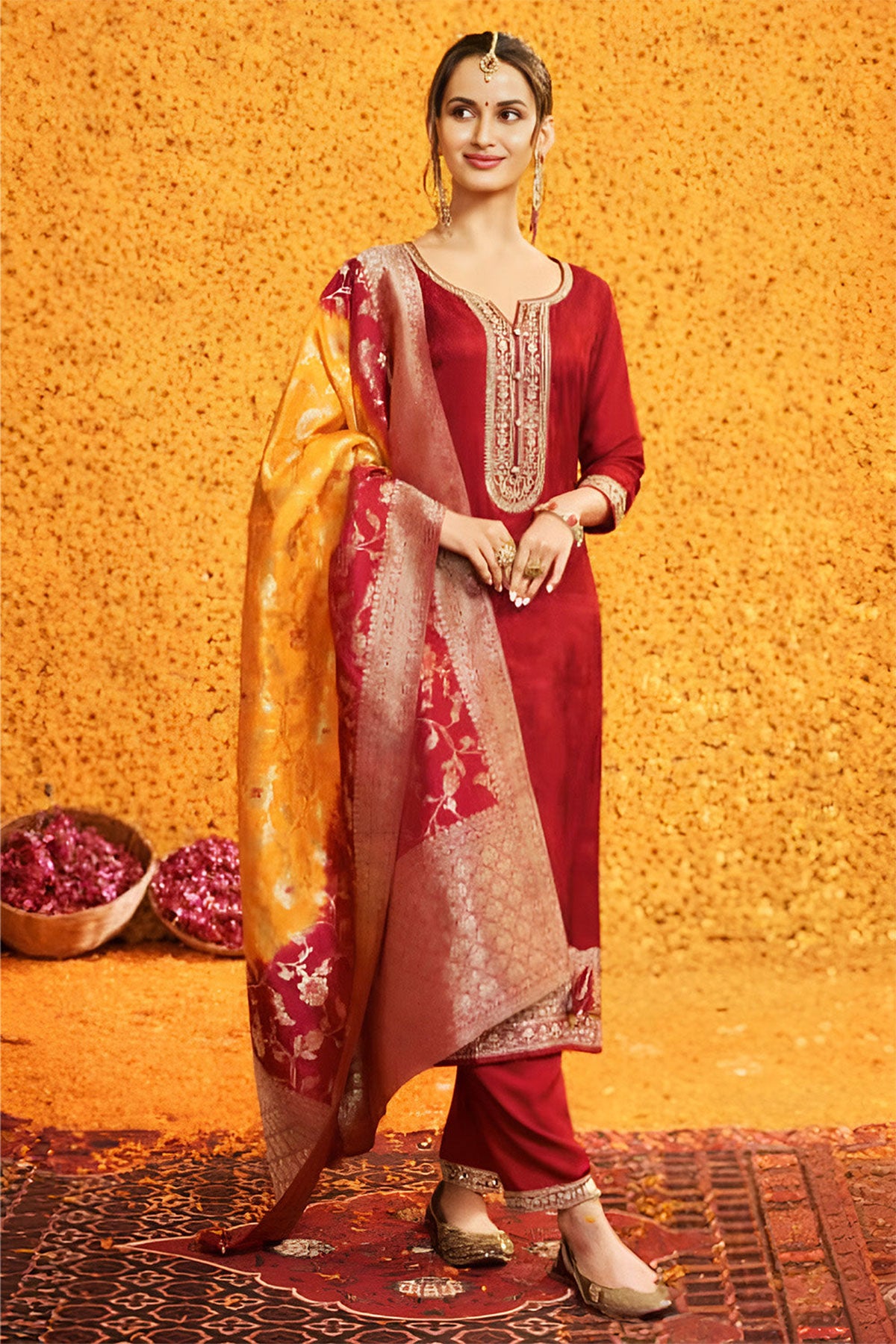 Maroon Silk Zari Embroidered Suit Set