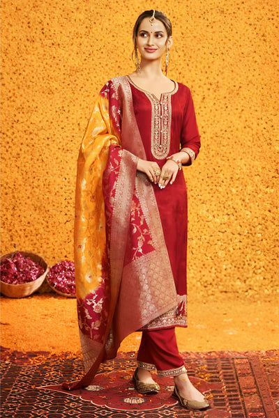 Maroon Silk Zari Embroidered Suit Set