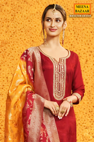 Maroon Silk Zari Embroidered Suit Set