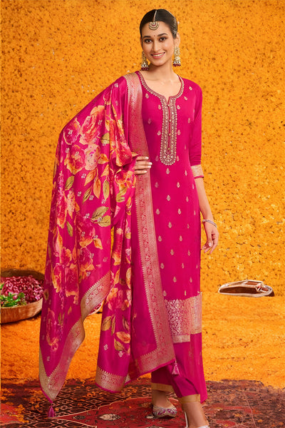 Rani Silk Suit Set With Embroidered Neckline And Floral Printed Dupatta